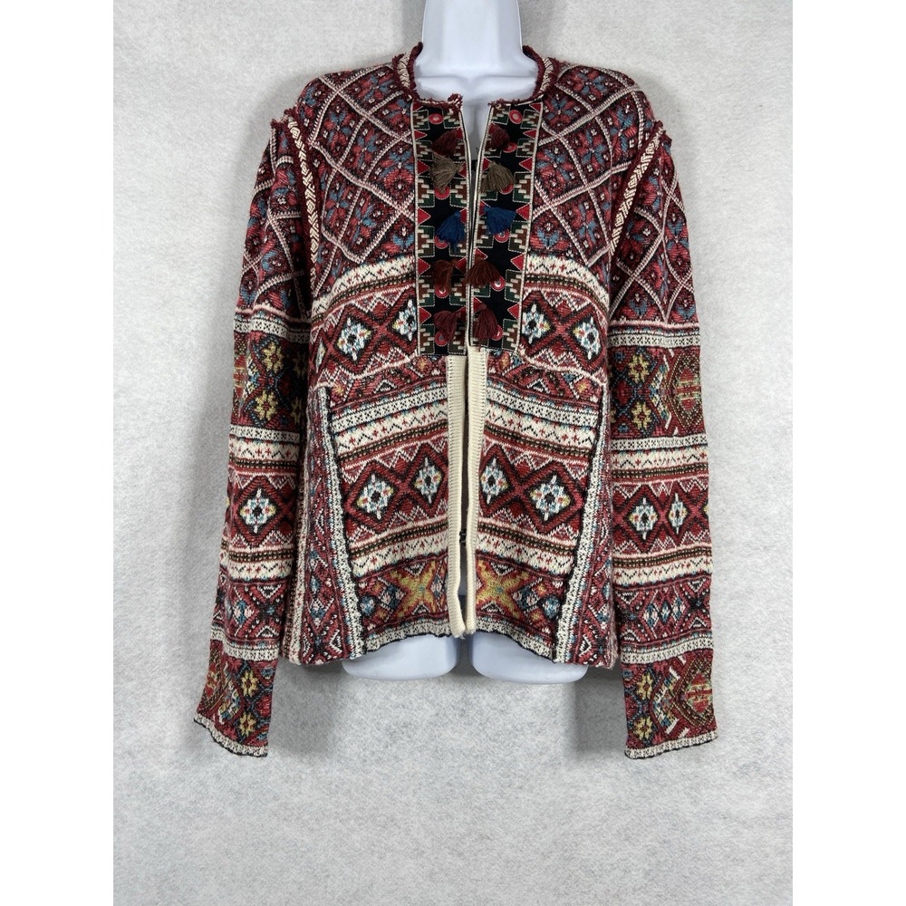 Peck & Peck Sweater Women's XL Red Beige Wool Blend Tapestry Tassel Nordic Boho